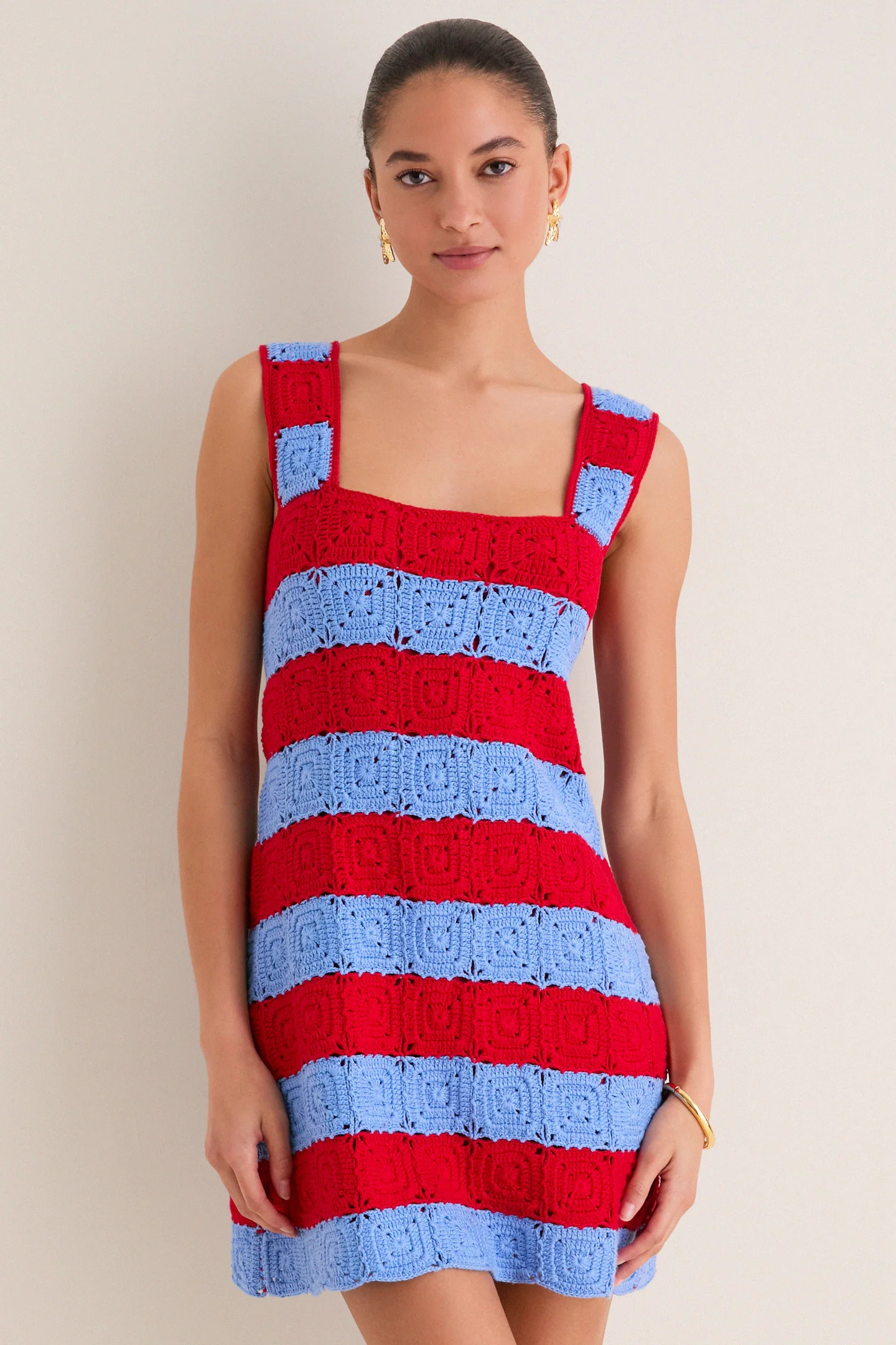 Cornflower Blue & Red Crochet Cooper Mini Dress | Tuckernuck (US)