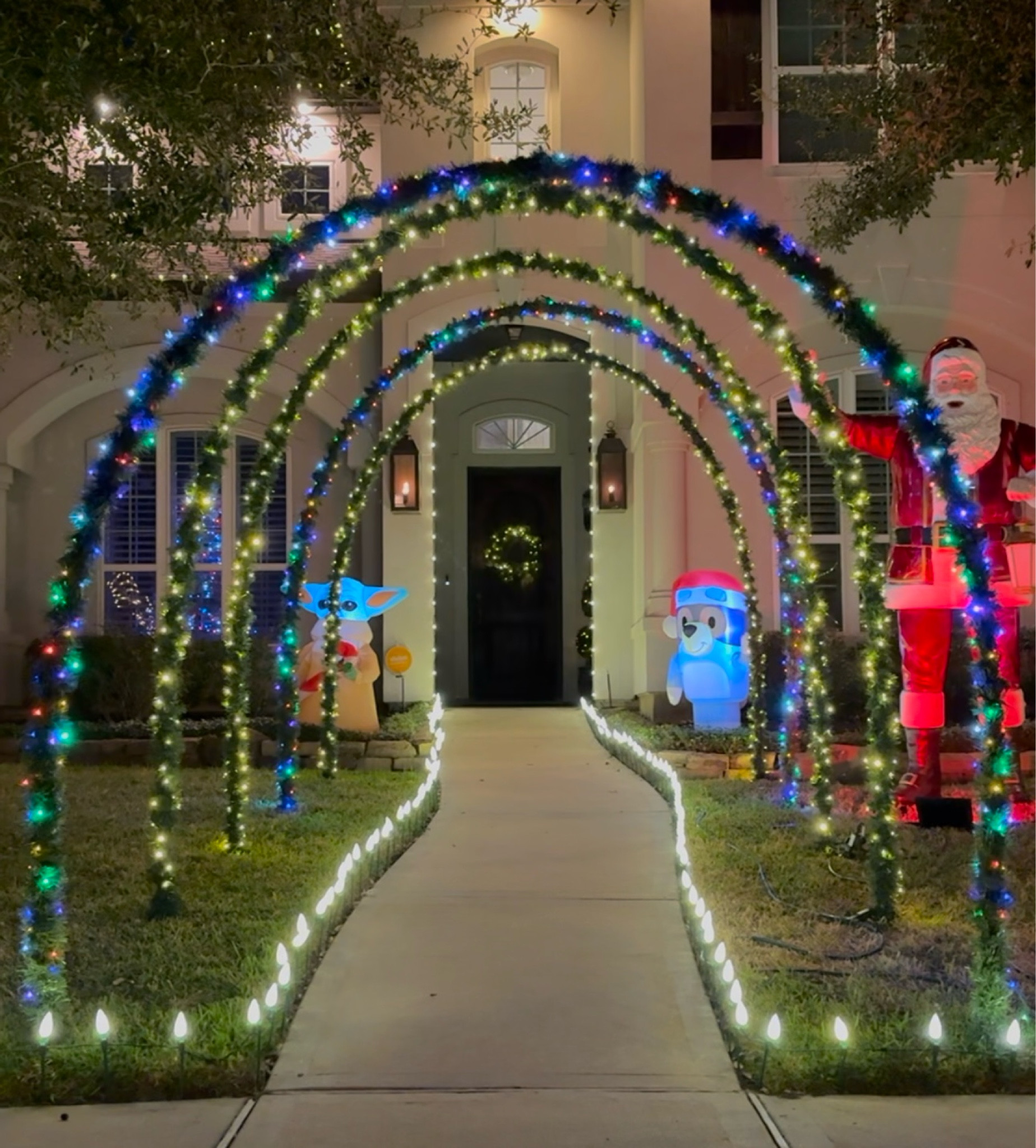 Everyone you need for the Christmas Light Arches!

Supplies needed (PER ARCH):
• (2) 4’ pieces of rebar
• (2) 10’ long 1/2” PVC
• (1) 1/2” PVC Coupling
• (1) String of garland 
• (2) Strands of Lights
• Zip ties/hot glue to attach garland/lights to PVC


#LTKHome #LTKParties #LTKHoliday
