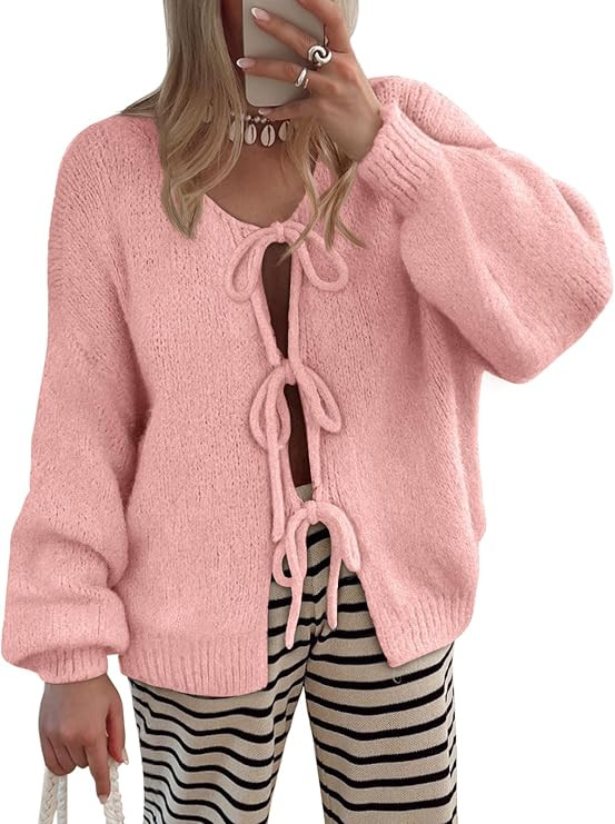 LILLUSORY Tie Front Cardigan Sweaters for Women Trendy 2025 Fall Fashion Outfits Puff Sleeve Bow ... | Amazon (US)