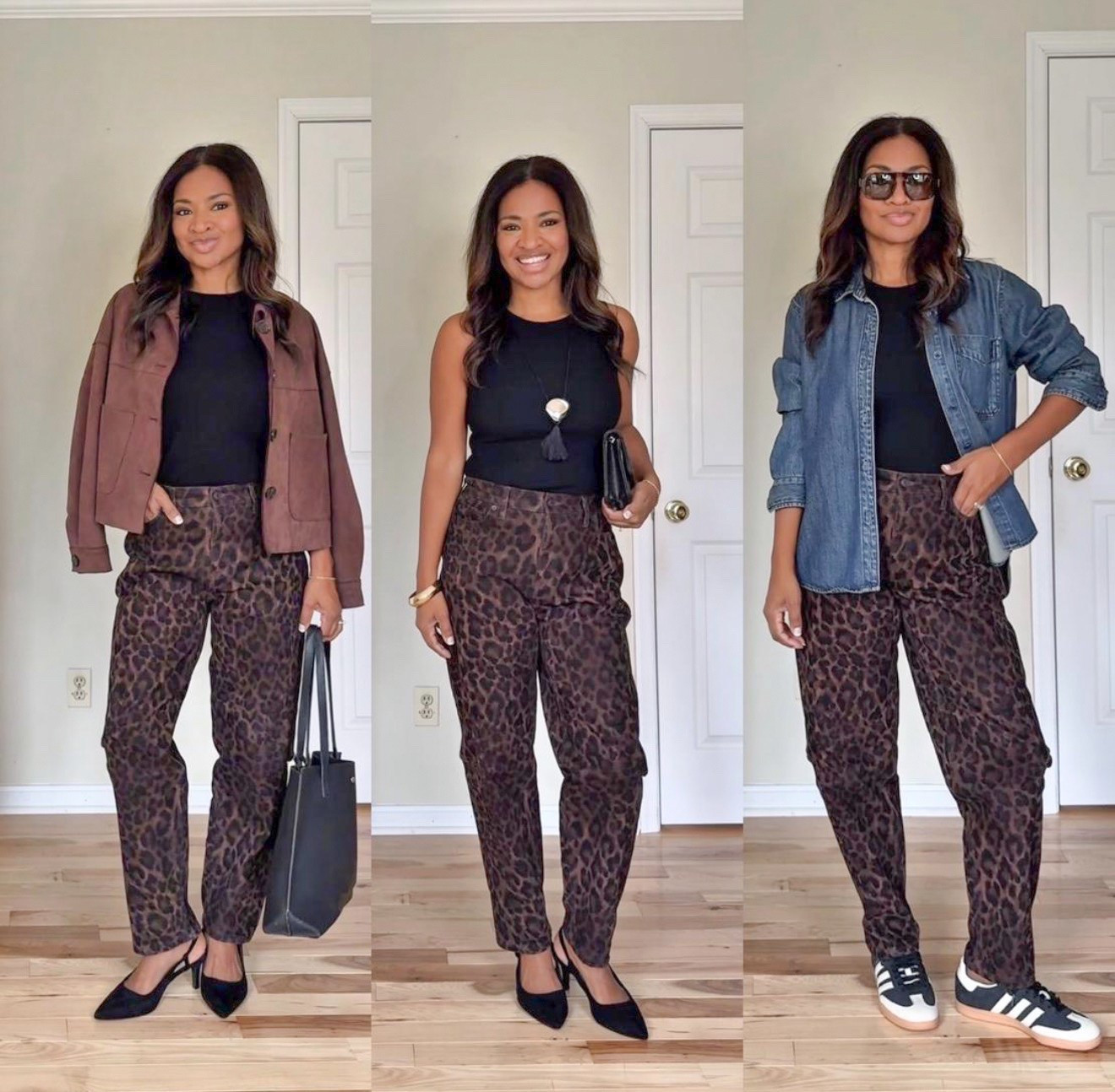 Leopard print jeans: Size small / 4
Black top: Small
Brown jacket: Medium
Denim shirt: Small
Heels: Size 9
Adidas Sambas: Size 8.5 (size down ½ size)