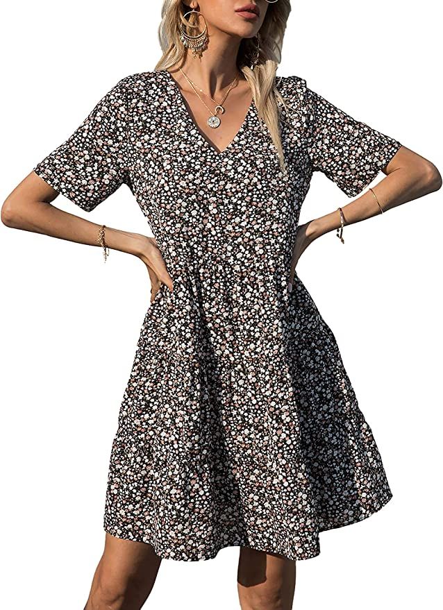 BTFBM Women Summer Tunic Dress V Neck Short Sleeve Casual Loose Cute Leopard Floral Print Babydol... | Amazon (US)