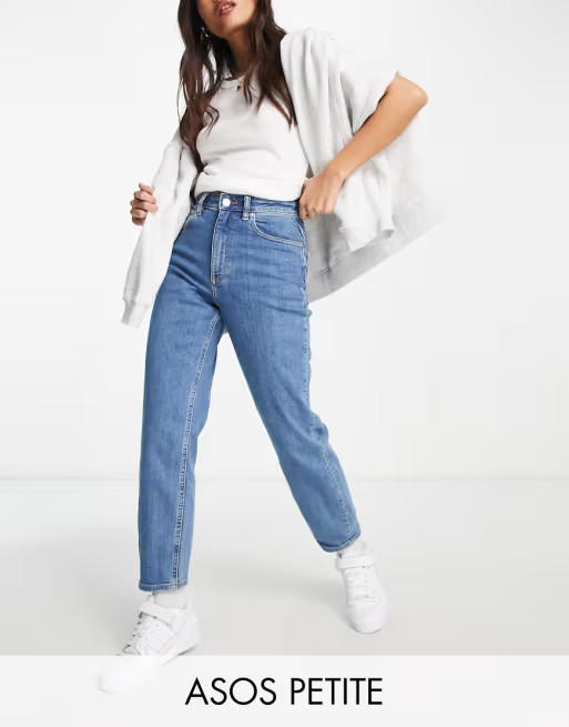 ASOS DESIGN Petite high rise farleigh 'slim' mom jeans in midwash | ASOS (Global)