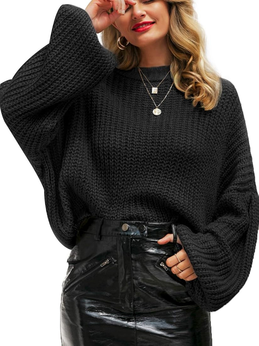 Simplee Women's Oversized Cropped Sweater Lantern Long Sleeve Loose Knit Pullover Sweater | Amazon (US)