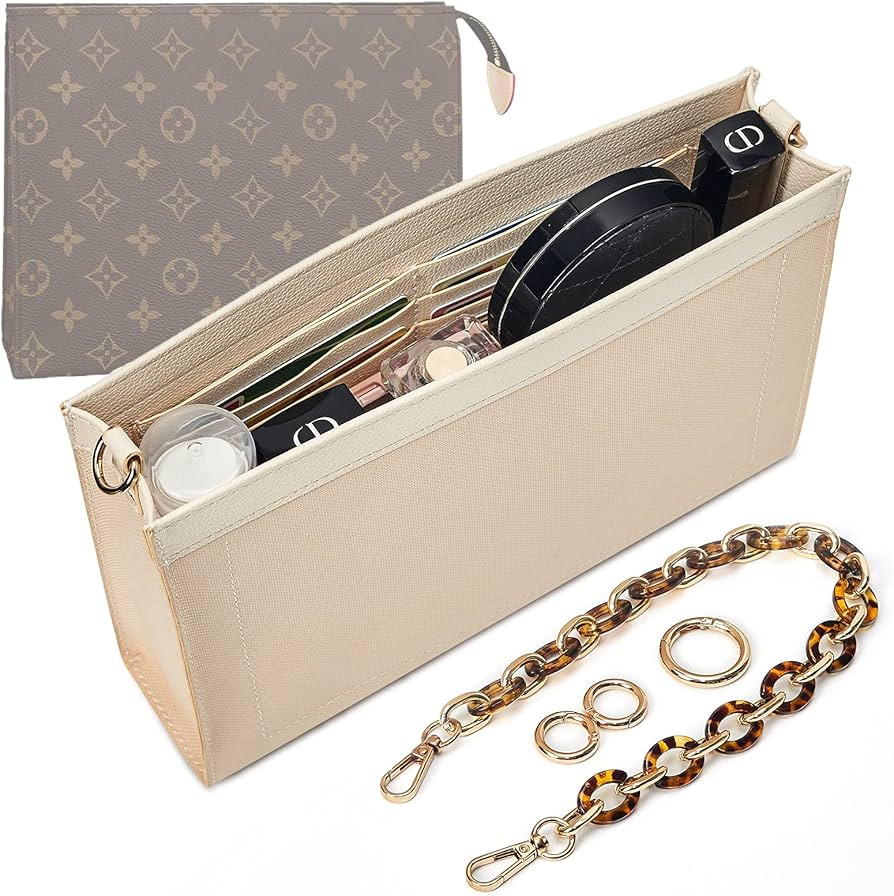 Vercord Purse Insert Organizer 26 Toiletry Pouch Insert with Leopard Acrylic Chain Strap Beige L | Amazon (US)