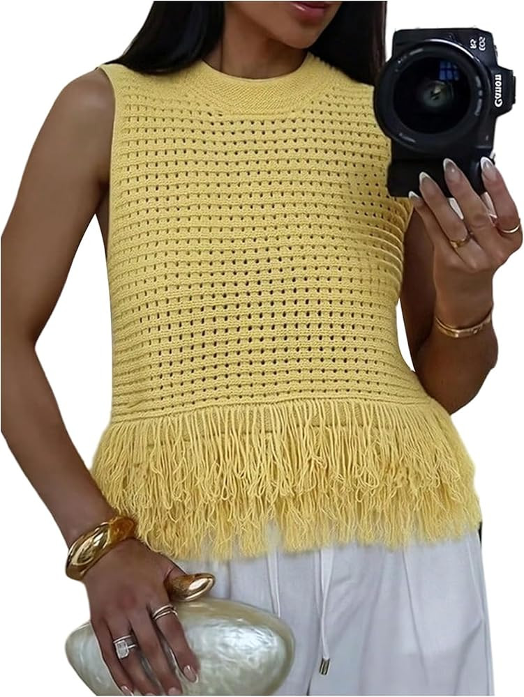 Milumia Women's Boho Fringe Crochet Tank Top Hollow Out Knit Sleeveless Summer Sweater Vests | Amazon (US)