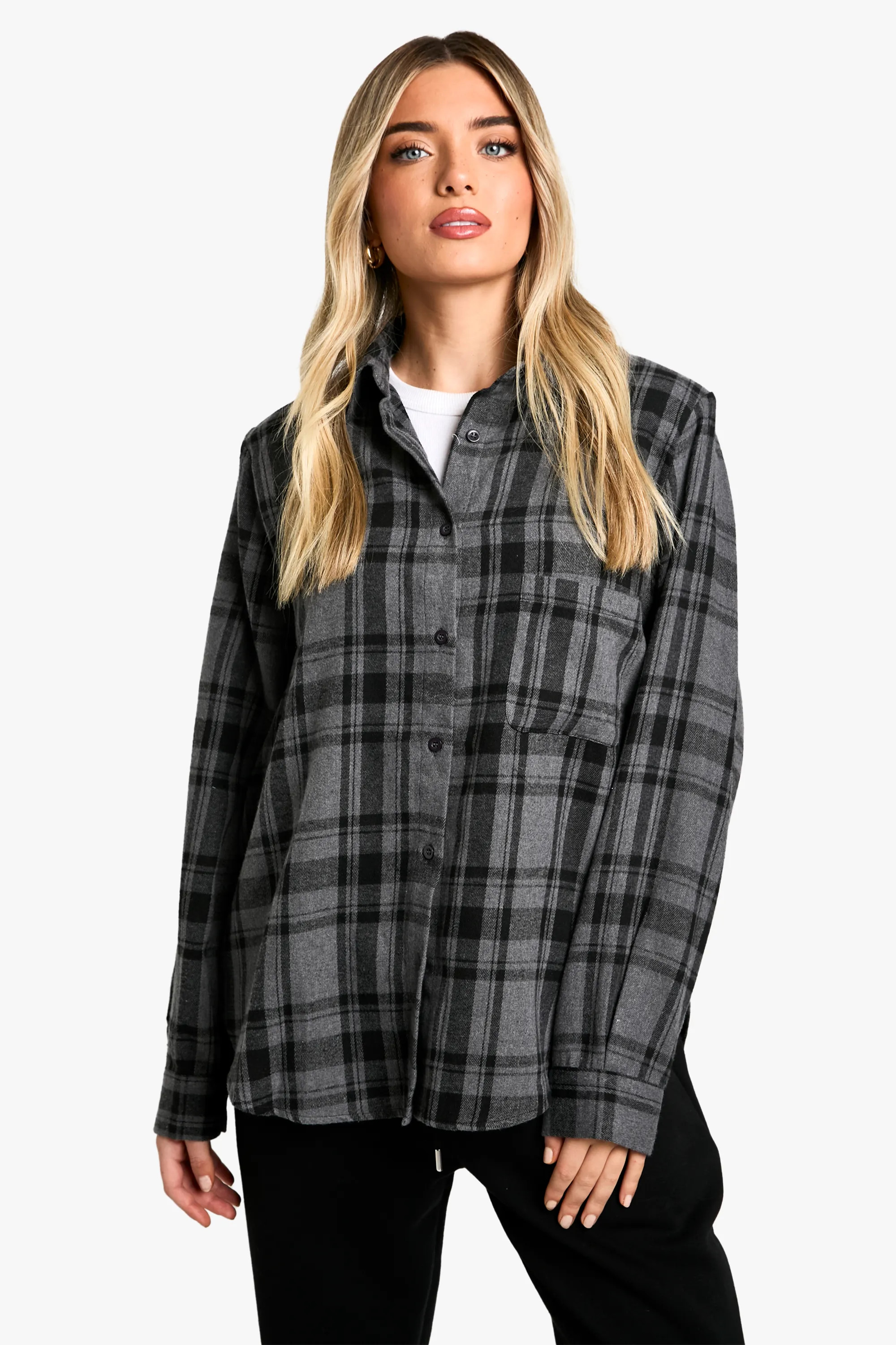 Charcoal Check Cinched Shoulder Pad Shirt | Boohoo | Boohoo.com (UK & IE)