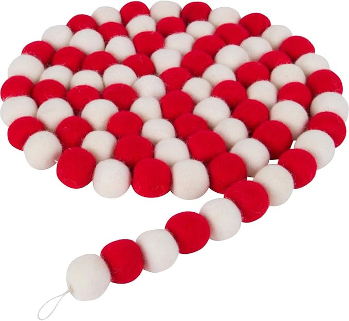 7 Foot Red and White Wool Felt Ball Pom Pom Garland - Vintage Christmas Tree Decor Holiday Party ... | Amazon (US)
