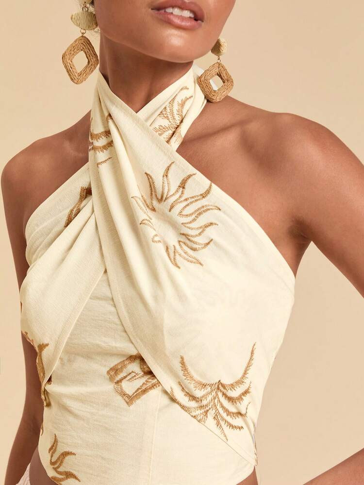 Travachic Women's Sleeveless Backless Halter Top With Embroidery, Vintage Fashion, Christmas, New Year's Eve, Thanksgiving, Elegant Party Top, Winter, Graduation, Prom, Luxury Evening, Summer Beach | SHEIN