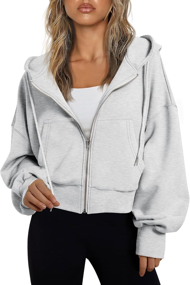 Trendy Queen Hoodies for Women Full Zip Up Cropped Sweatshirts Jackets Casual Comfy Gym Tops Fall... | Amazon (US)