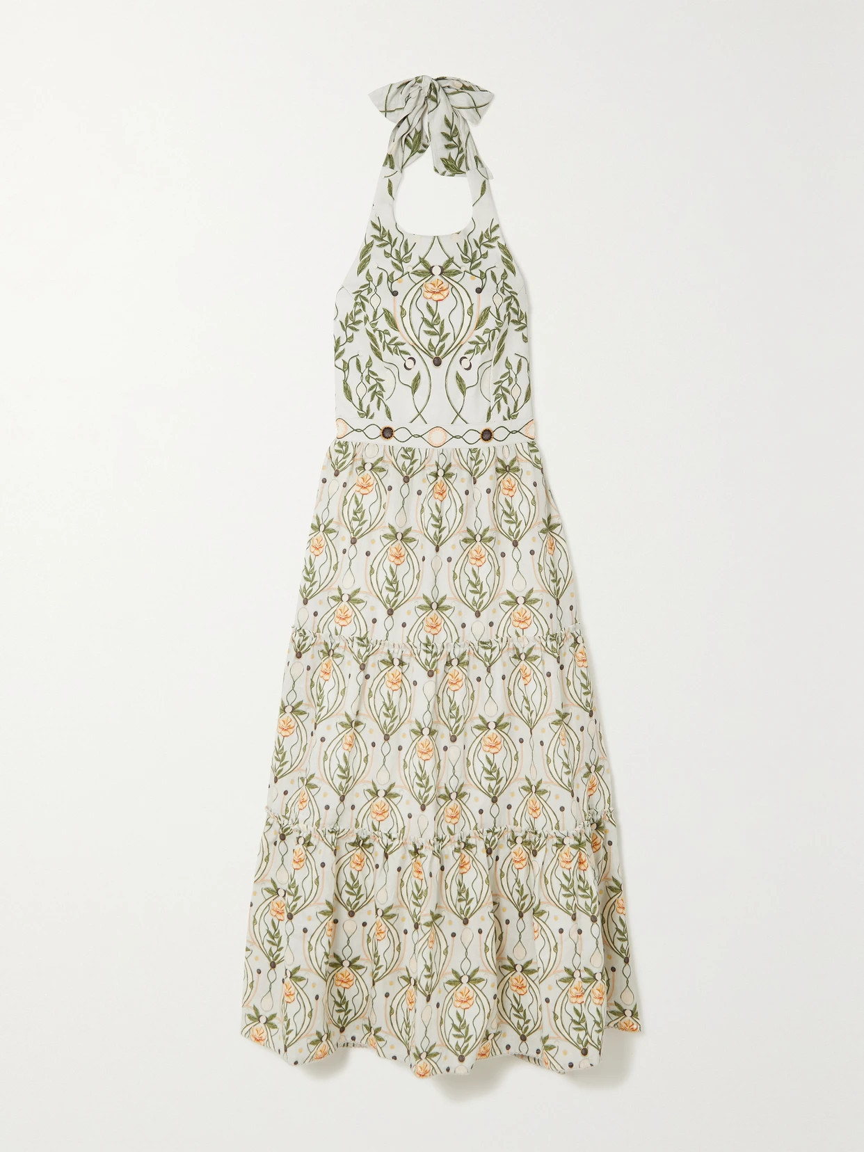 Agua by Agua Bendita - Consuelo Lunar Open-back Embroidered Printed Linen Halterneck Midi Dress - Mu | NET-A-PORTER (US)