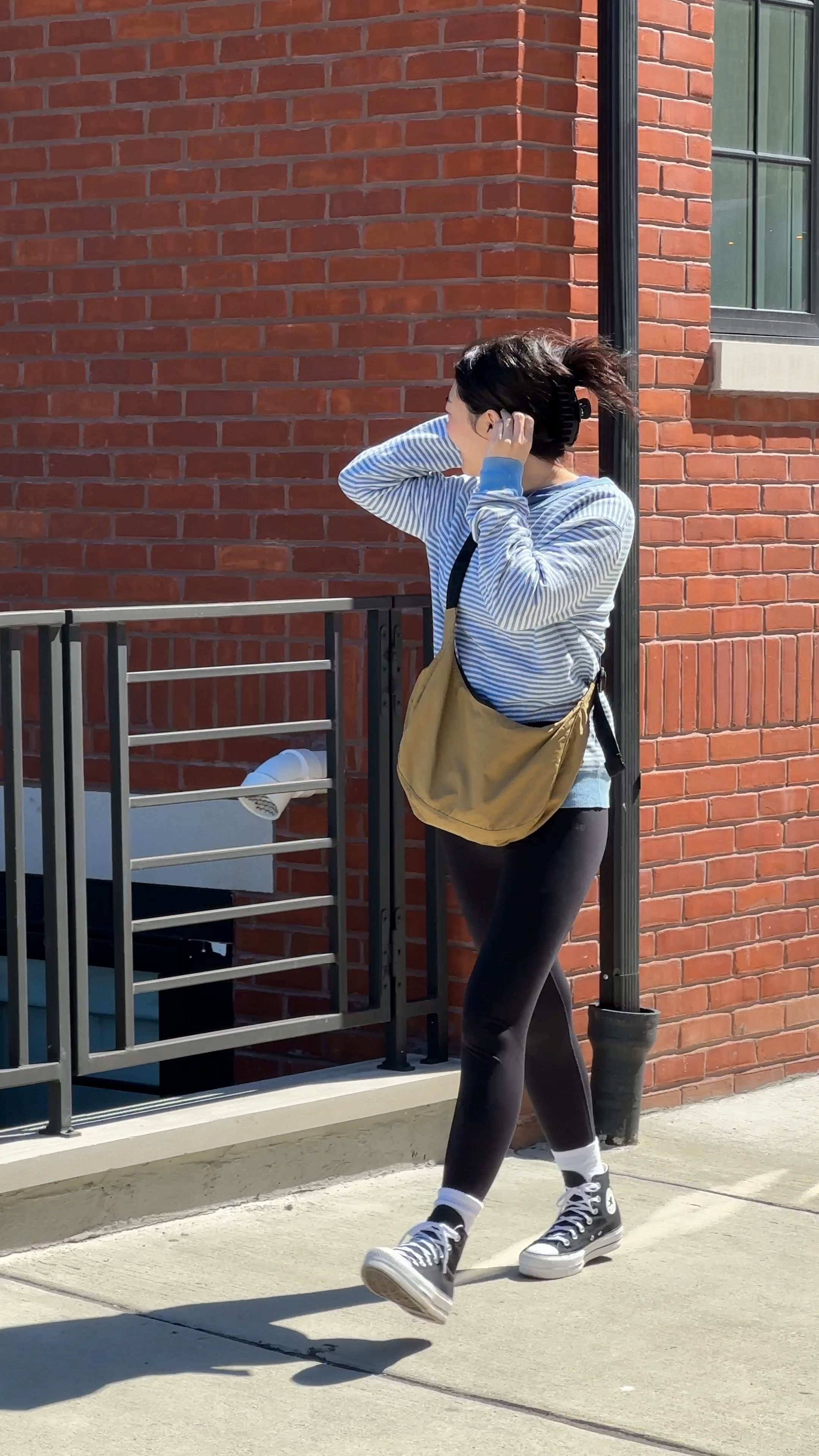 casual summer outfit with striped pullover, black leggings, and beige crossbody bag, and platform converse

#LTKshoecrush #LTKfit #LTKstyletip