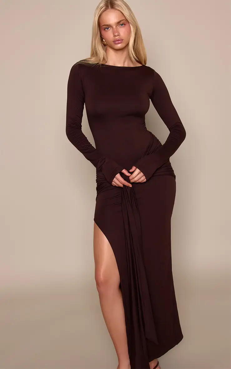 Dresses | Grey Soft Touch Boat Neck Wrap Detail Maxi Dress | PrettyLittleThing | PrettyLittleThing US