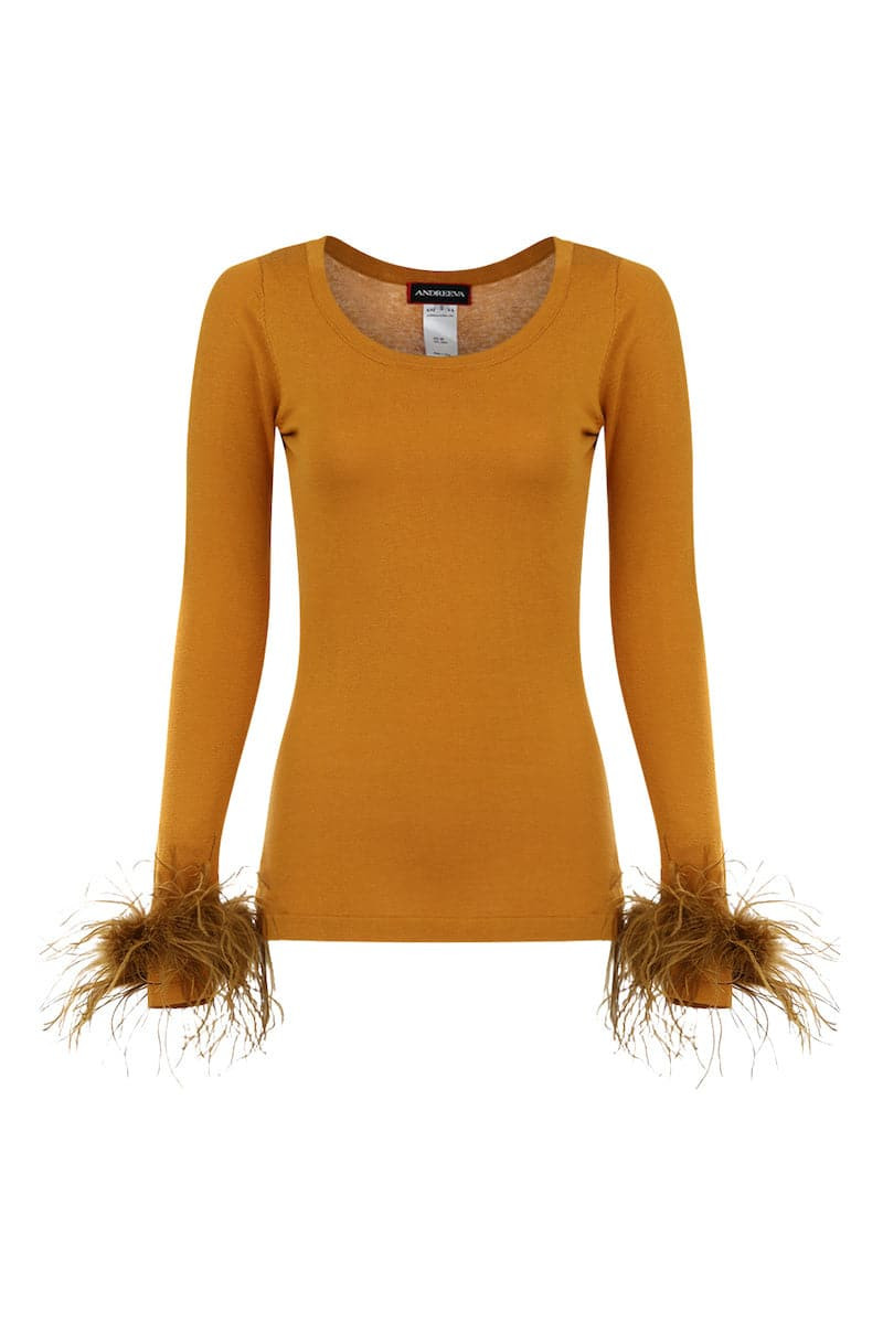 CAMEL KNIT TOP WITH DETACHABLE FEATHER CUFFS | Andreeva | CULT MIA | CULT MIA UK LTD