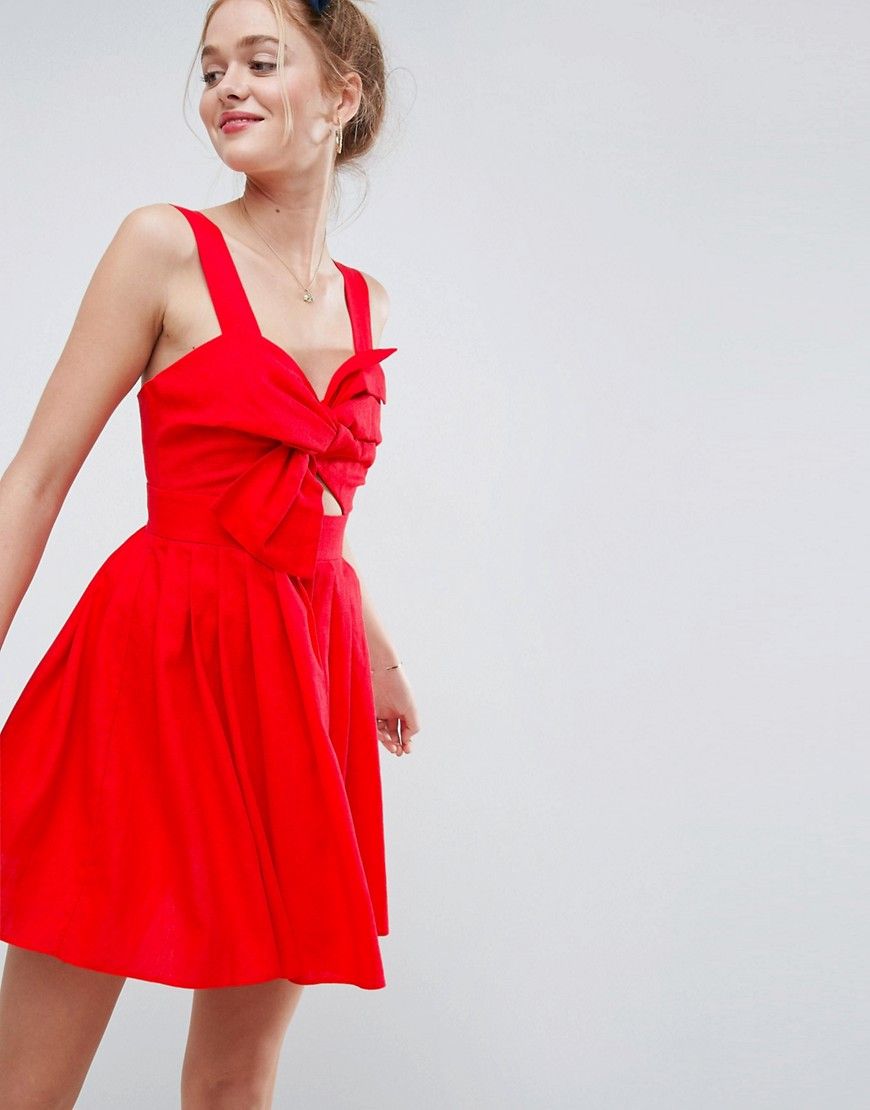 ASOS Bow Detail Cut Out Skater mini dress in Linen - Red | ASOS US