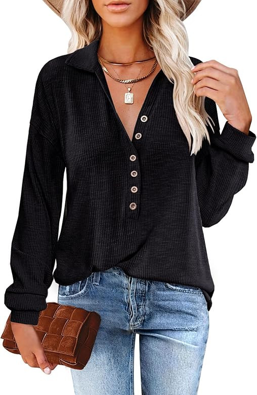 DOROSE Womens V Neck Tops Long Sleeve Button Causal Blouse T Shirts | Amazon (US)