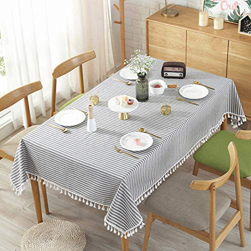 AMZALI Stripe Tassel Rectangle Tablecloth Cotton Linen Stain Resistant/Dust-Proof Table Cover for Kitchen Dinning Wedding Christmas Tabletop Decoration (Oblong,55 x 55 Inch, Blue) | Amazon (US)