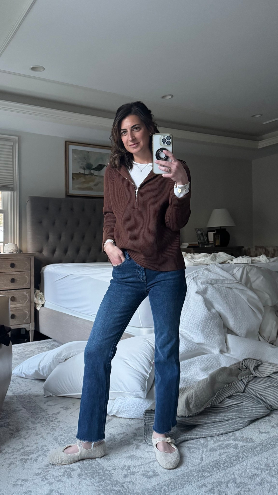 Casual winter look flared denim brown quarter zip Sherpa Mary Jane’s 

#LTKdayinmylife #LTKSeasonal #LTKmomlife