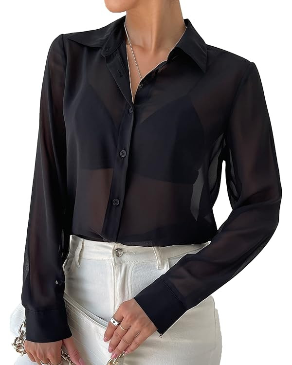 Verdusa Women's Sheer Mesh Button Up Shirt Long Sleeve See Through Blouse | Amazon (US)