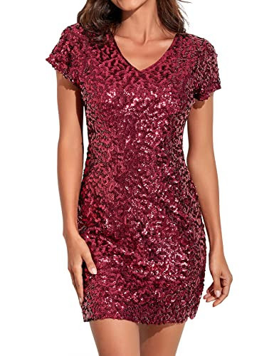 PrettyGuide Sequin Dresses for Women with Sleeves V Neck Sparkle Bodycon Stretchy Mini Party Dress Burgundy S | Amazon (US)