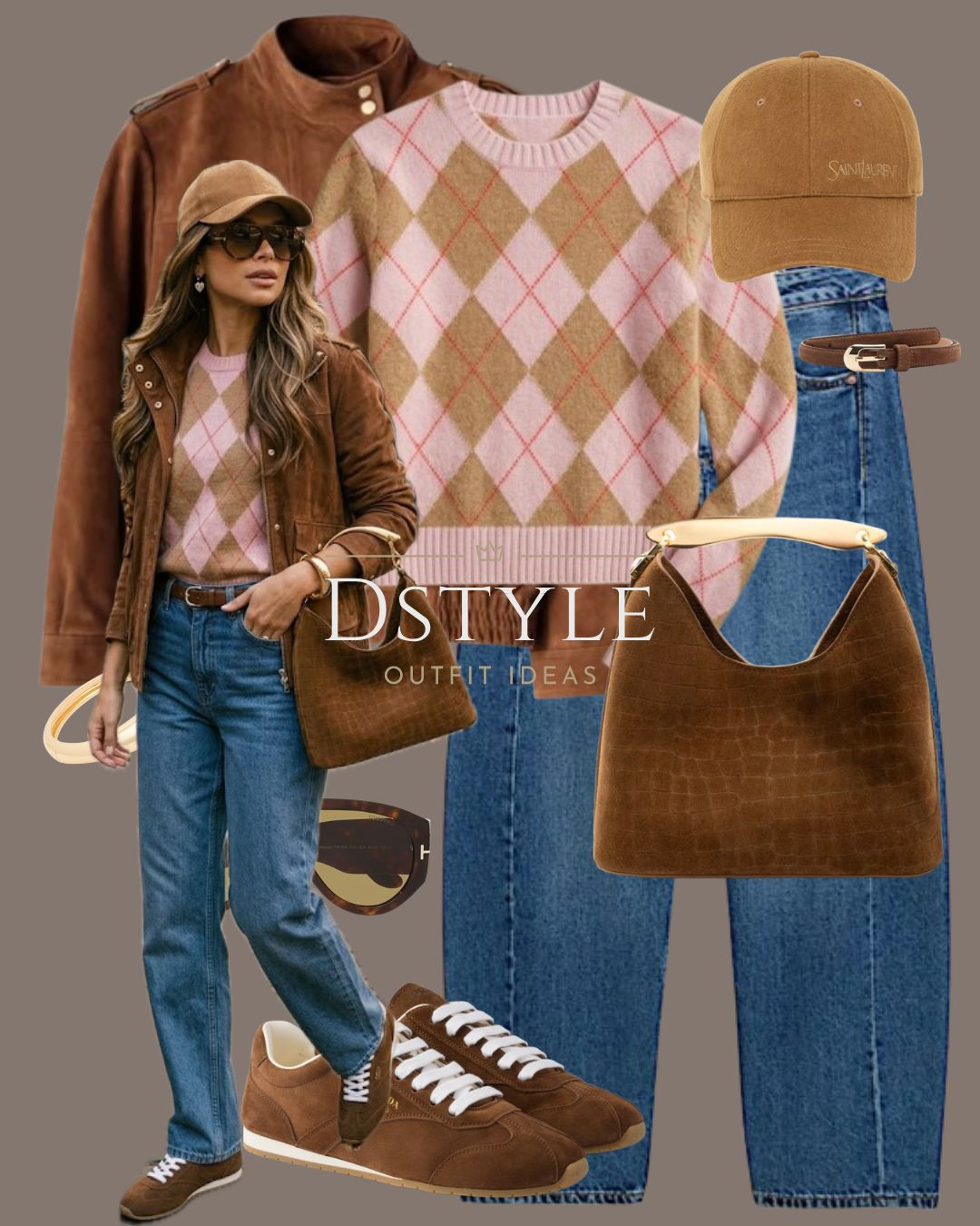 Cozy, sporty-chic vibes! 🍂 Layering a pink and tan argyle sweater with a brown suede jacket, classic blue jeans, and matching suede sneakers. Finished with a neutral cap for that off-duty look. 

#CasualOutfit #SuedeJacket #Streetwear #FallOutfits

#LTKootd