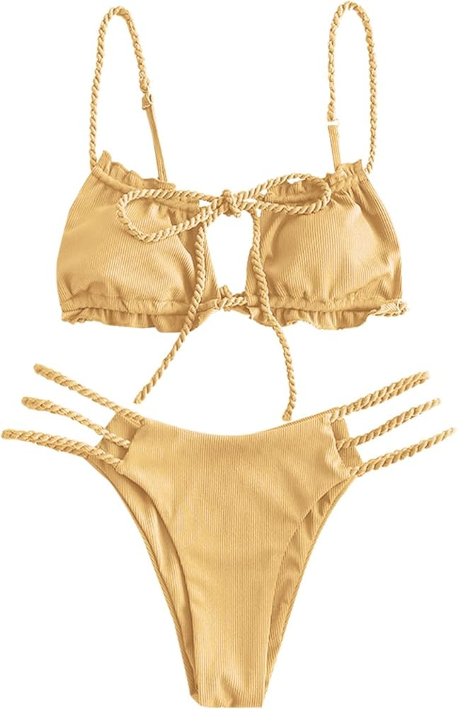 ZAFUL Women Cutout 2 Pieces Swimsuit, Sexy High Cut Keyhole Bikini Tie Side String Ribbed Bathing Su | Amazon (US)
