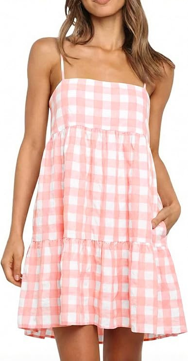 Wenrine Womens Summer Plaid Mini Dress Casual Spaghetti Strap Sleeveless A Line Beach Sundress wi... | Amazon (US)