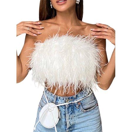 Women Sexy Faux Fur Tube Crop Top Solid Color Feather Strapless Backless Zip Up Tube Top Y2k Party C | Walmart (US)