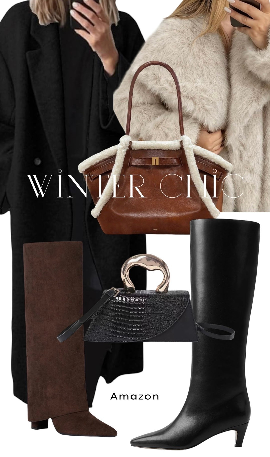 Jw pei fur lined tote 
Fur coat trendy wool trench 
Fold over brown boot 
Kitten heel black tall boot pointed toe 
Chic clutch 

#LTKHoliday #LTKGiftGuide #LTKCyberWeek