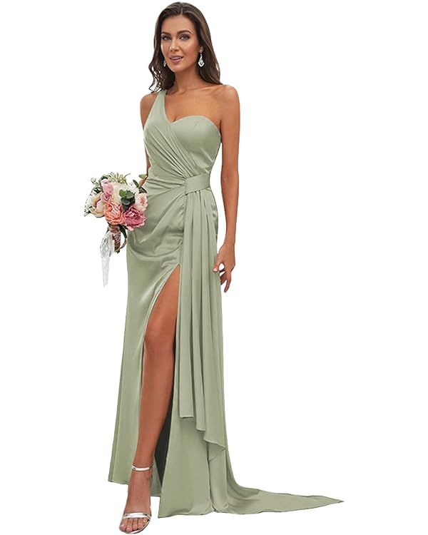 WaterDress One Shoulder Satin Bridesmaid Dress Long for Women Sleeveless Ruched Formal Dress with... | Amazon (US)