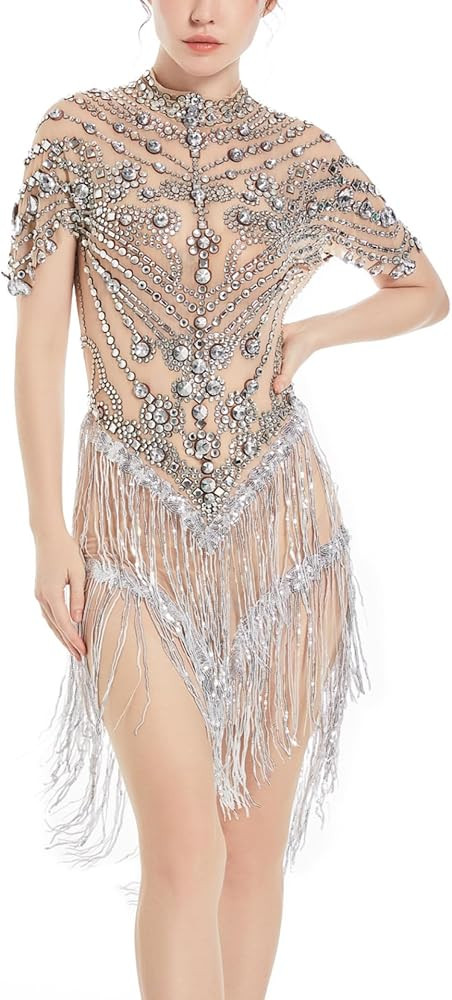 Latin Jazz Fringe Crystals Dress for Women Sparkly Short Sleeve Mesh See Through Singer Dancer Bi... | Amazon (US)