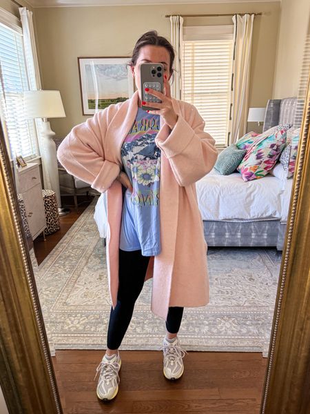 Casual winter outfit // Anthropologie sweater coat, graphic tee (in an X-Large), lululemon ribbed align leggings, new balance sneakers (men’s sizing, size down 1.5 sizes) 

#LTKstyletip #LTKfindsunder100 #LTKSeasonal