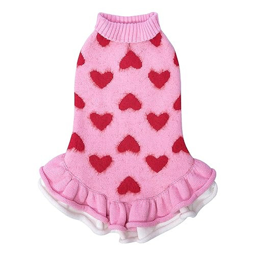 CuteBone Fancy Pink Dog Sweater Dress, Soft and Stretchy Dog Clothes for Small Dogs Girl, Pink Heart Puppy Sweater Pullover Ruffle Dress Pet Outfit Cat Apparel | Amazon (US)