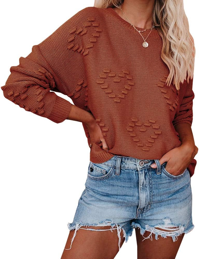 Tutorutor Womens Cute Heart Love Print Sweater Tops Oversized Crew Neck Dot Ball Loose Knitted Sprin | Amazon (US)