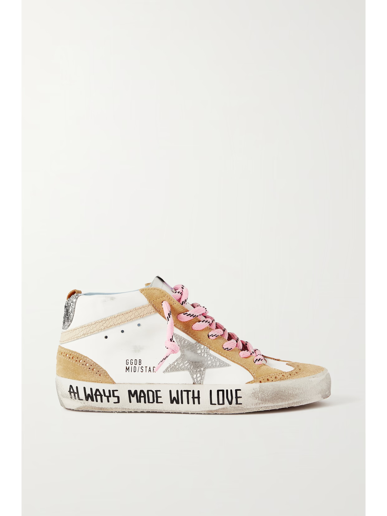 Golden Goose - Mid Star Distressed Glittered Leather And Suede Sneakers - Off-white | NET-A-PORTER (US)