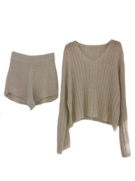 'Miley' V-Neck Open Knit and Shorts Set (3 Colors) | Goodnight Macaroon