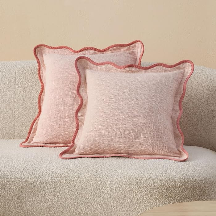 Double Stitch 100% Cotton Scalloped Throw Pillow Covers, Shell Pink | Amazon (US)