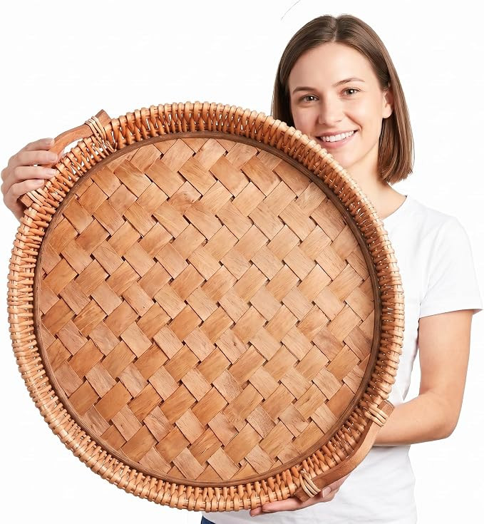 20" Large Round Ottoman Tray with Handles, Handwoven Willow Decorative Coffee Table Tray with Woo... | Amazon (US)