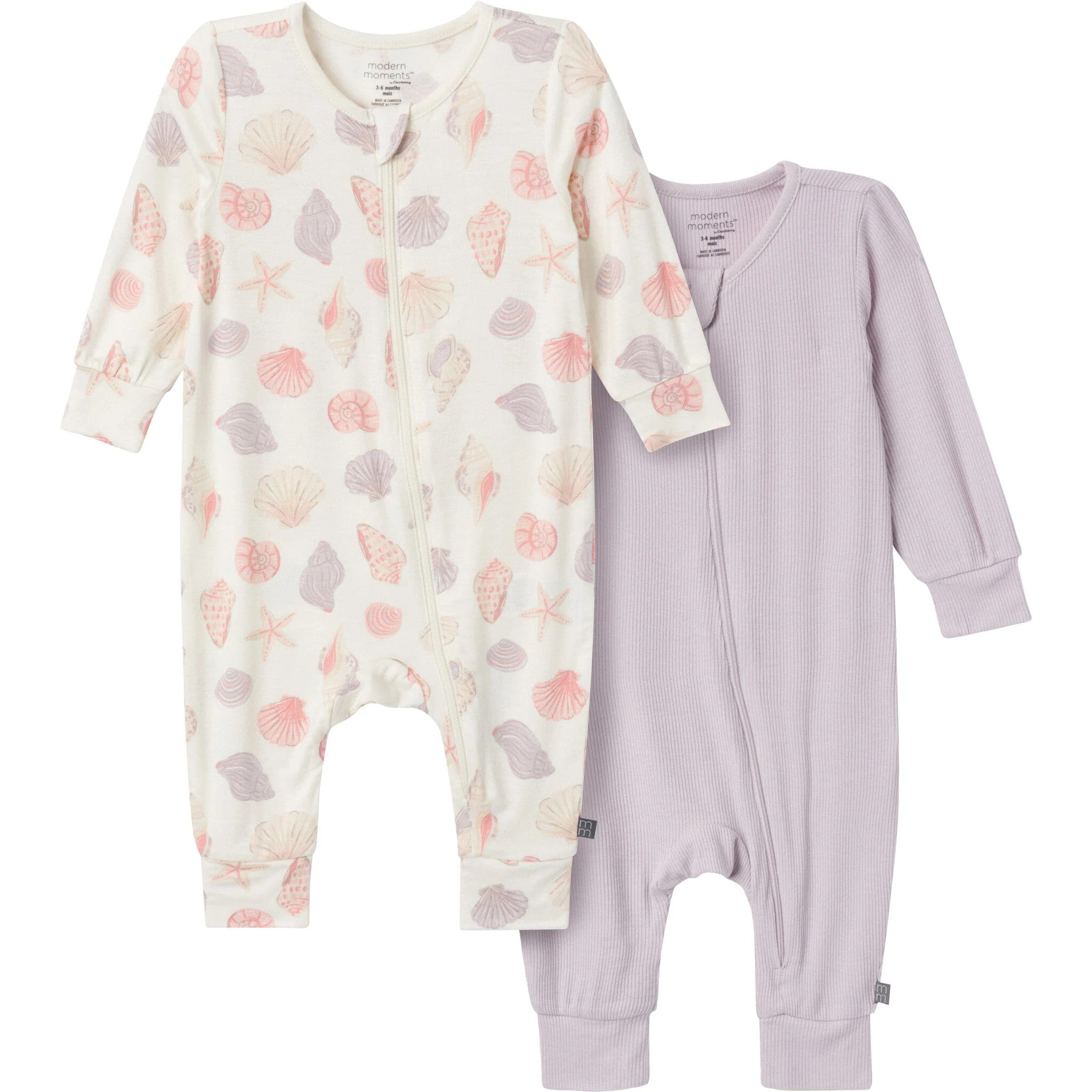 2-Pack Baby Girls Ivory Seashells Zip Front Rompers | Gerber Childrenswear