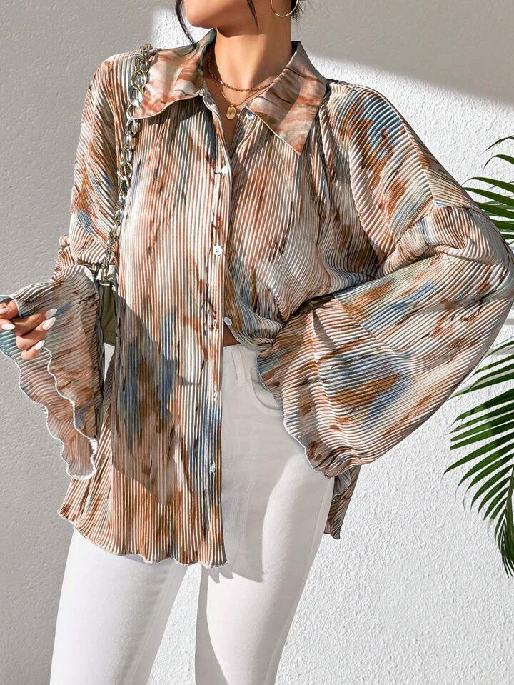 Calvaya Women Spring/Summer Casual Holiday Commute Random Floral Print Flare Sleeve Shirt, Long Sleeve Blouse | SHEIN