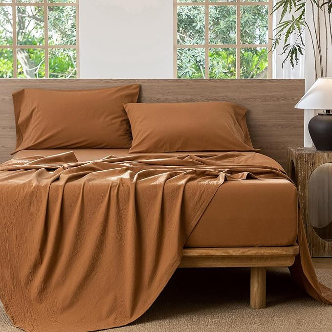 MooMee Striped Sheet Set 100% Washed Cotton Linen Like Textured Breathable Durable Soft Comfy (Wh... | Amazon (US)