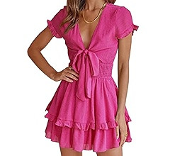 PRETTYGARDEN Women's 2023 Summer Swing Mini Dress Tie Front V Neck Short Sleeve Ruffle Layer A-Li... | Amazon (US)