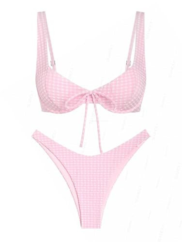 seamoly Women's Light Pink Gingham Bowknot Cinched Back Underwire Balconette Cheeky Bikini Set – Lined Padded Adjustable Straps Light Pink XL | Amazon (US)