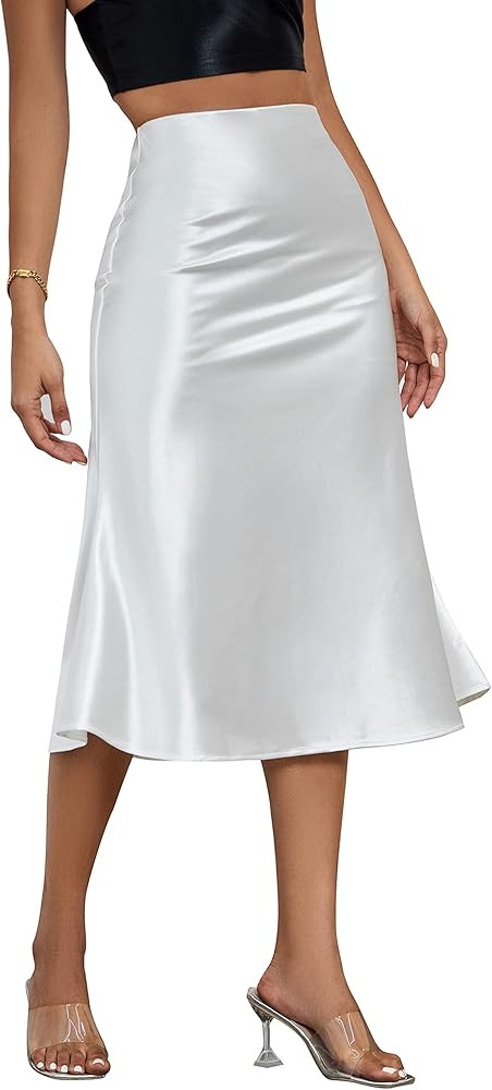 ALCEA ROSEA Womens Satin High Waisted Silk A-line Wedding Elegant Elastic Midi Skirt | Amazon (US)