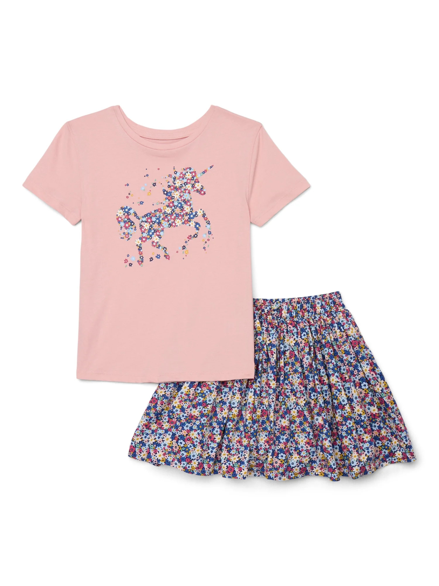 Wonder Nation Little Girls 2-Piece Short Sleeve Graphic Tee and Skirt Set, Sizes 4-10 | Walmart (US)