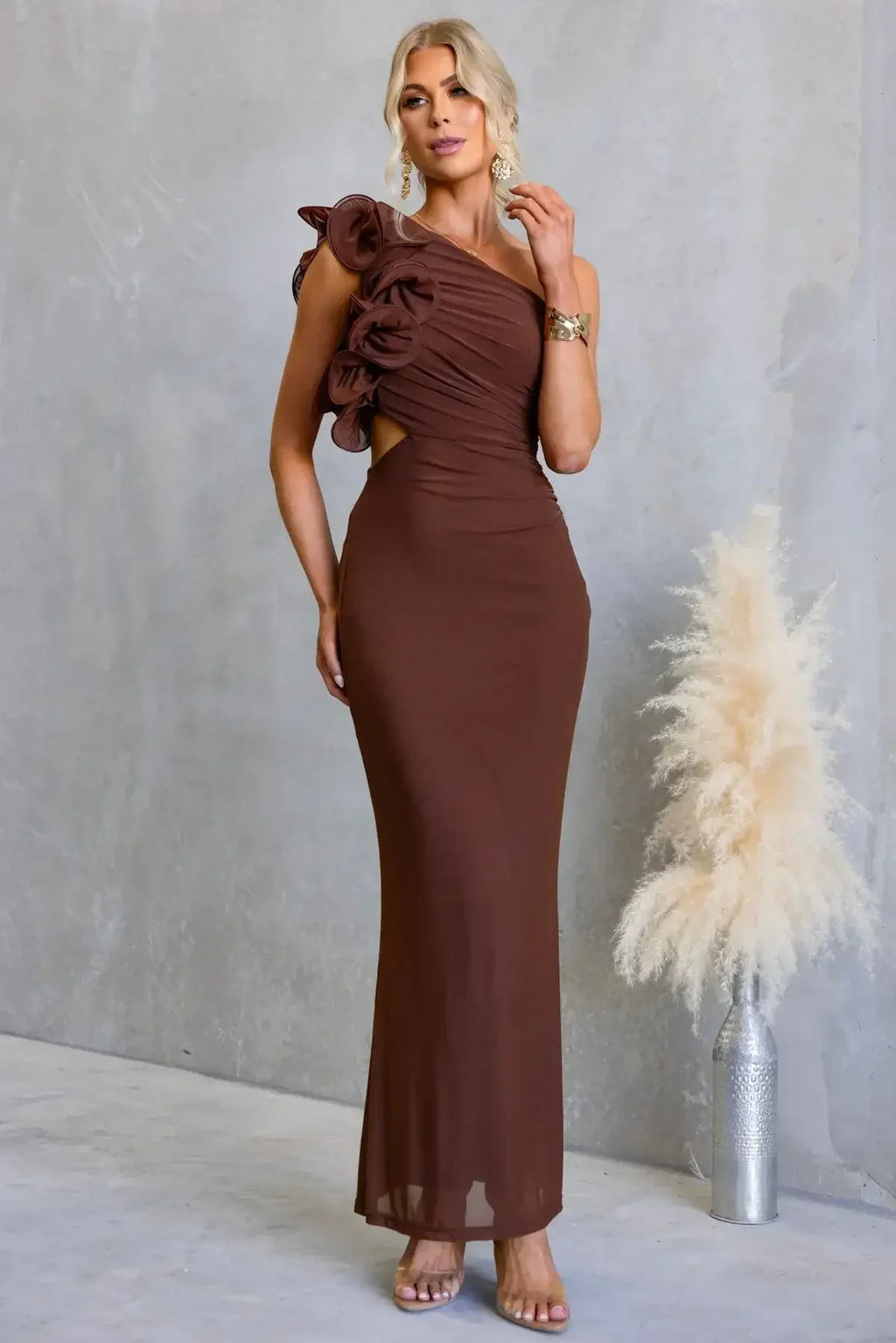 LIZBETH ONE SHOULDER MESH MAXI DRESS - BROWN | Lady Black Tie