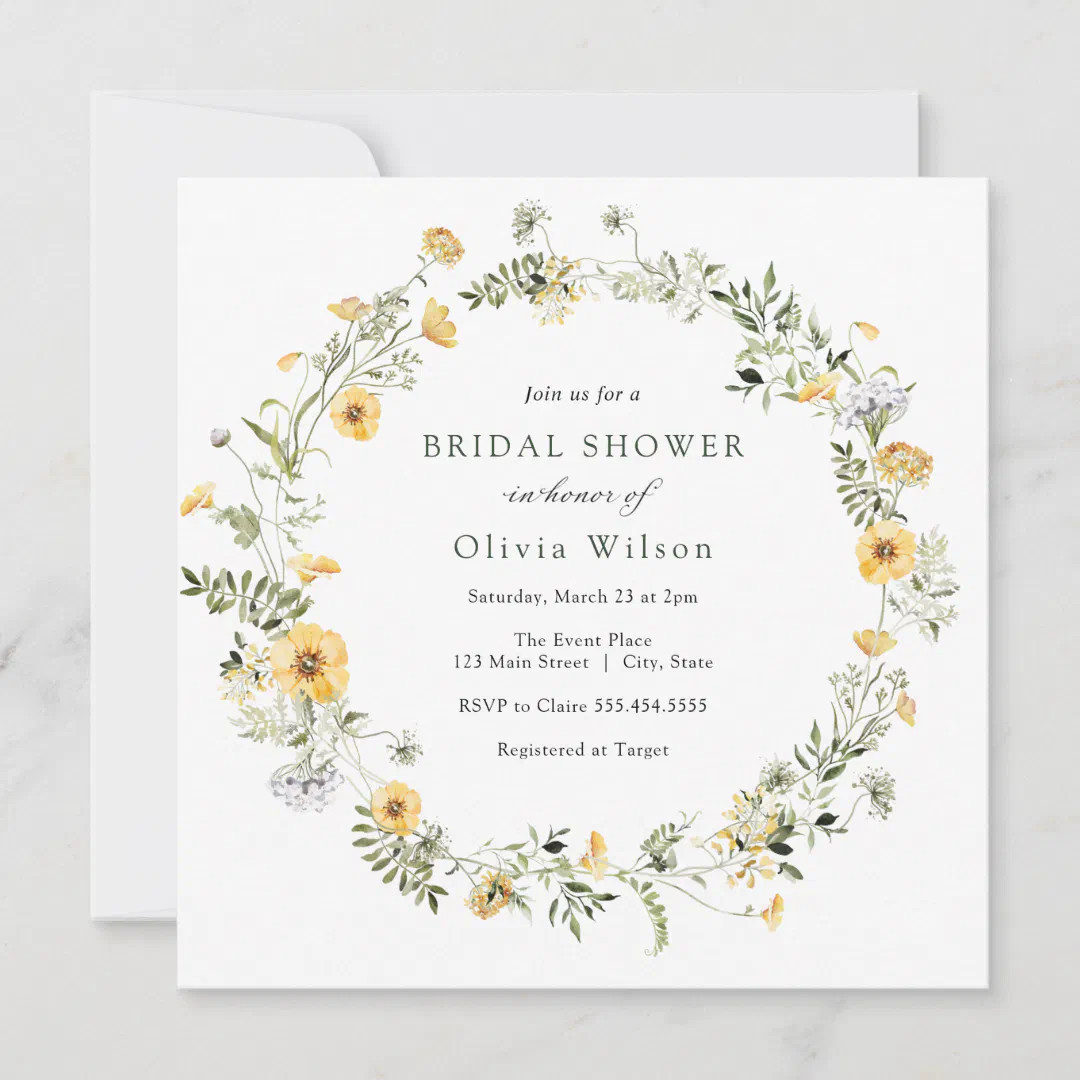 Delicate Yellow Wildflower Wreath Bridal Shower Invitation | Zazzle | Zazzle
