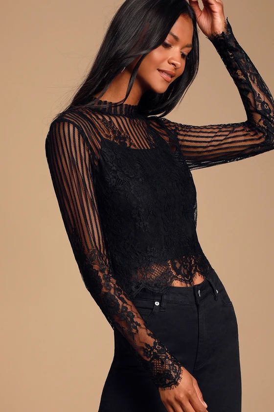 Tempt Me Black Sheer Lace Long Sleeve Crop Top | Lulus (US)