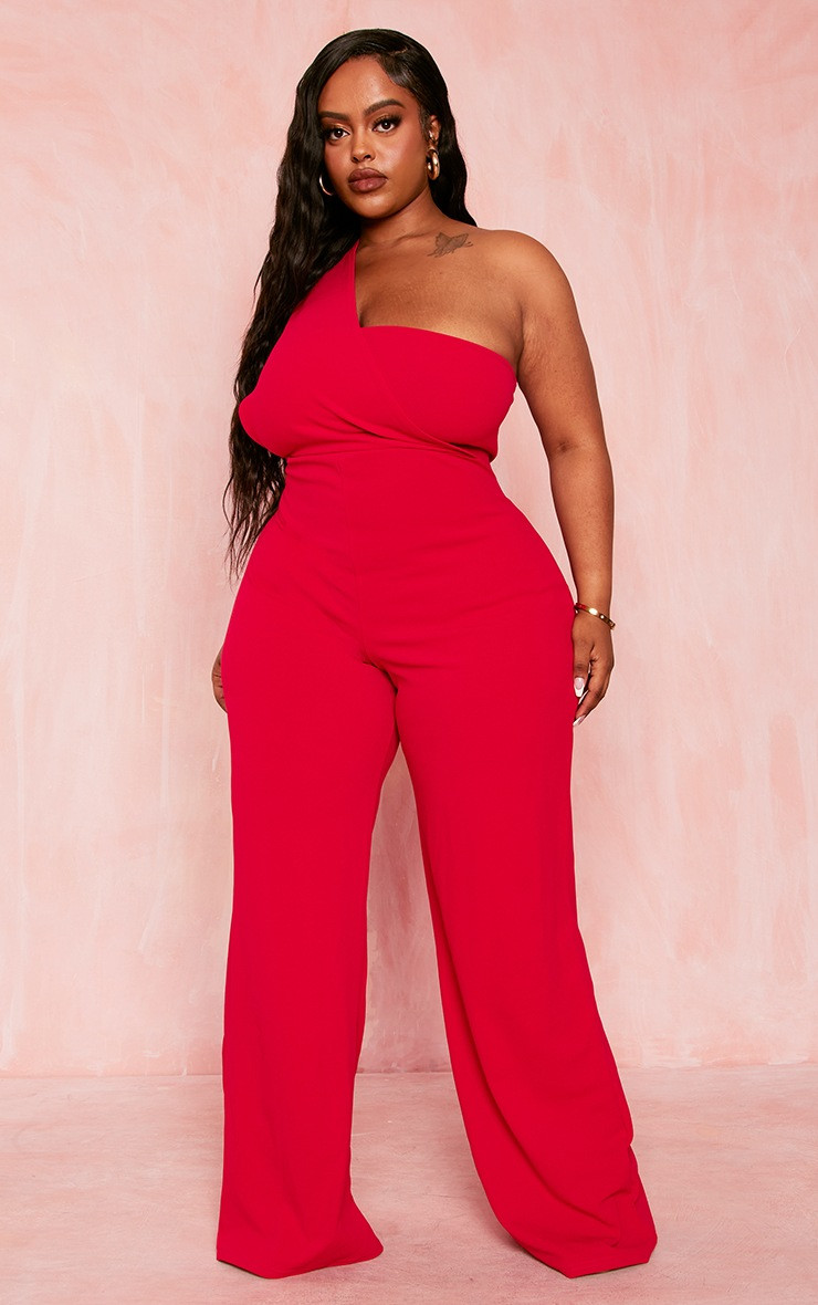 Plus Red Drape One Shoulder Jumpsuit | PrettyLittleThing US