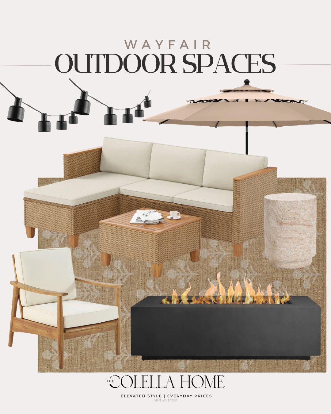 Wayfair outdoor finds includes fire pit, outdoor chair, outdoor rug, outdoor couch, umbrella, side table, string lights. 

Outdoor home, looks for less, spring outdoor finds

#LTKHome #LTKSaleAlert #LTKSeasonal
