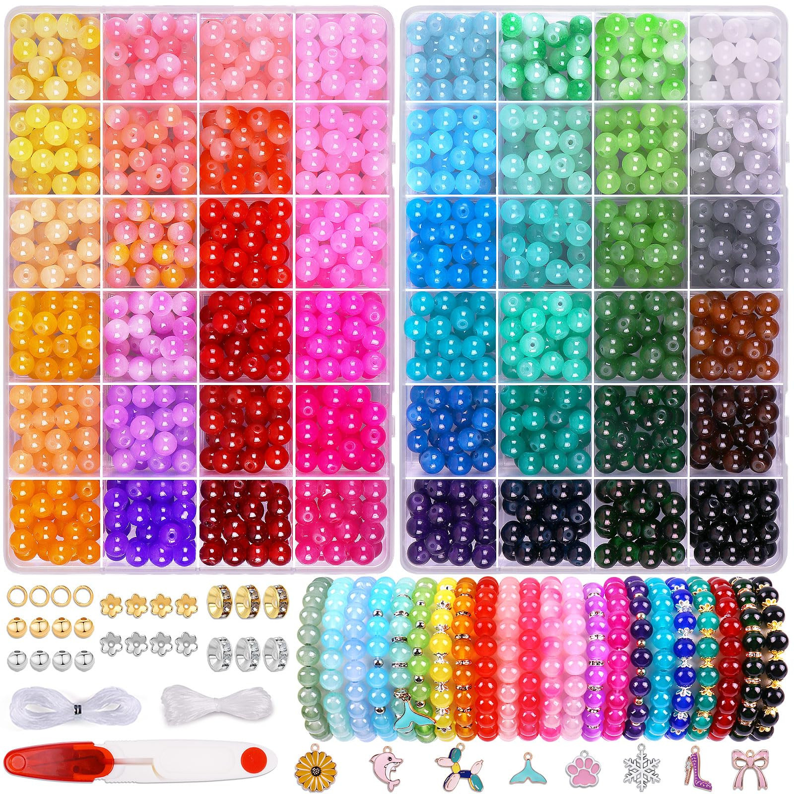 1700Pcs 8mm Glass Beads for Bracelet Making Kit, 48 Colors Crystal Round Beads for Jewe... | Amazon (US)